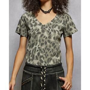 POL Leopard Print V Neck Tee Olive Gray Animal Print Short Sleeve Top Small